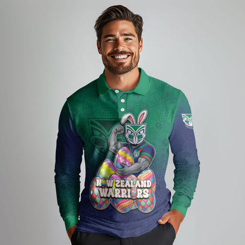 Personalized New Zealand Warriors Long Sleeve Polo Shirt Easter Mascot - Colorful Eggs Cartoon Style
