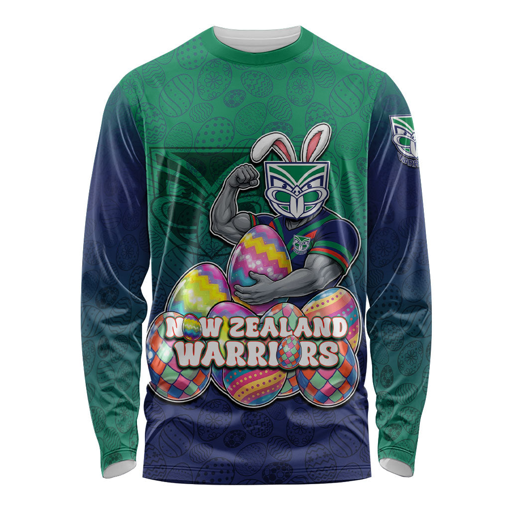 Personalized New Zealand Warriors Long Sleeve Shirt Easter Mascot - Colorful Eggs Cartoon Style