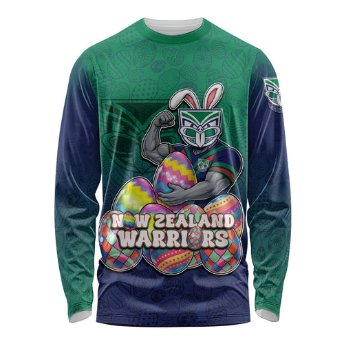 Personalized New Zealand Warriors Long Sleeve Shirt Easter Mascot - Colorful Eggs Cartoon Style