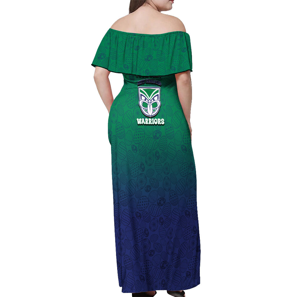 Personalized New Zealand Warriors Off Shoulder Maxi Dress Easter Mascot - Colorful Eggs Cartoon Style
