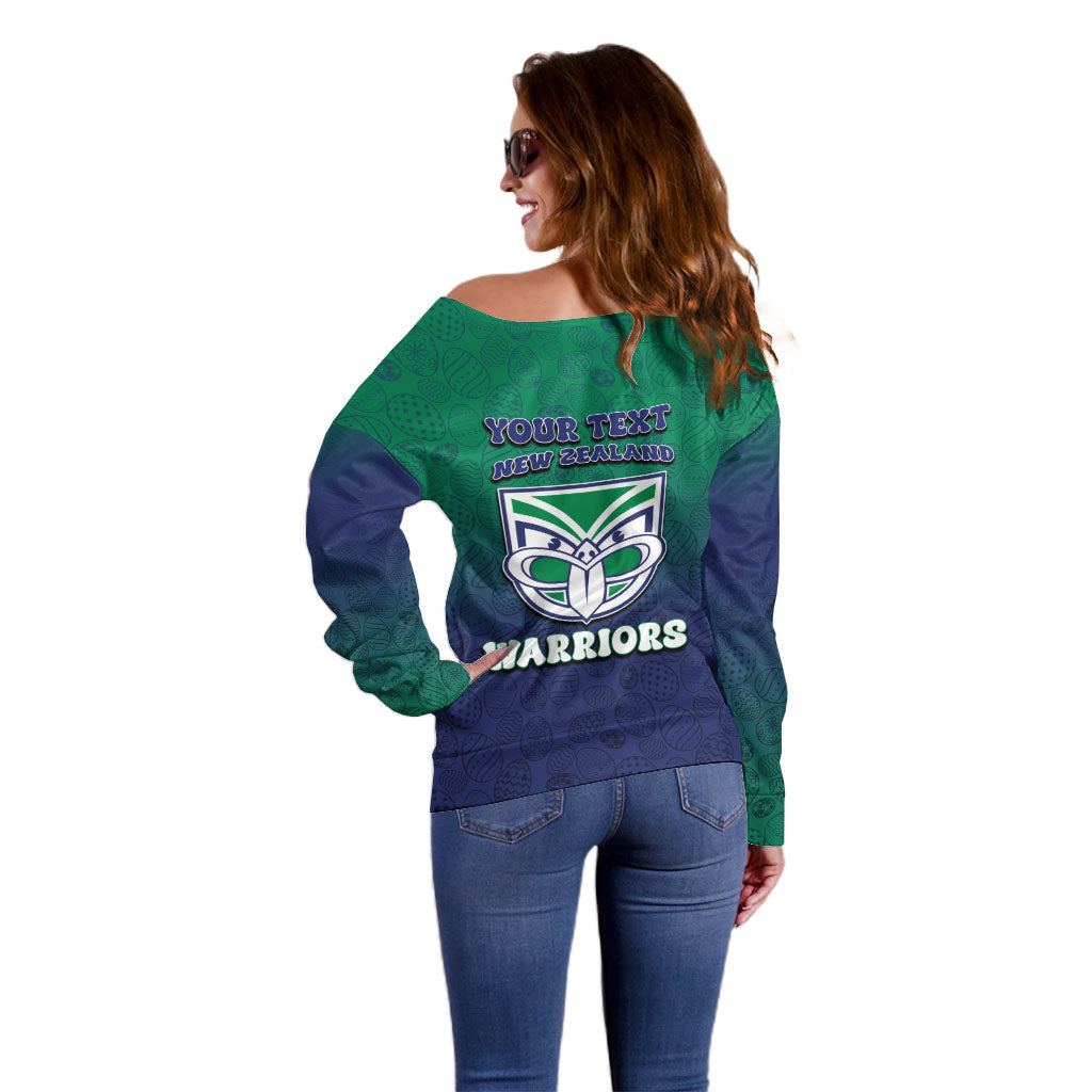 Personalized New Zealand Warriors Off Shoulder Sweater Easter Mascot - Colorful Eggs Cartoon Style