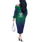 Personalized New Zealand Warriors Off The Shoulder Long Sleeve Dress Easter Mascot - Colorful Eggs Cartoon Style