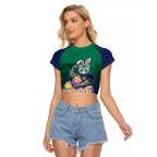 Personalized New Zealand Warriors Raglan Cropped T Shirt Easter Mascot - Colorful Eggs Cartoon Style