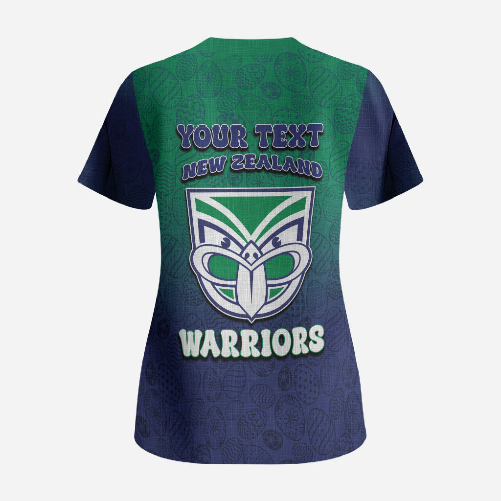 Personalized New Zealand Warriors Scrub Top Easter Mascot - Colorful Eggs Cartoon Style