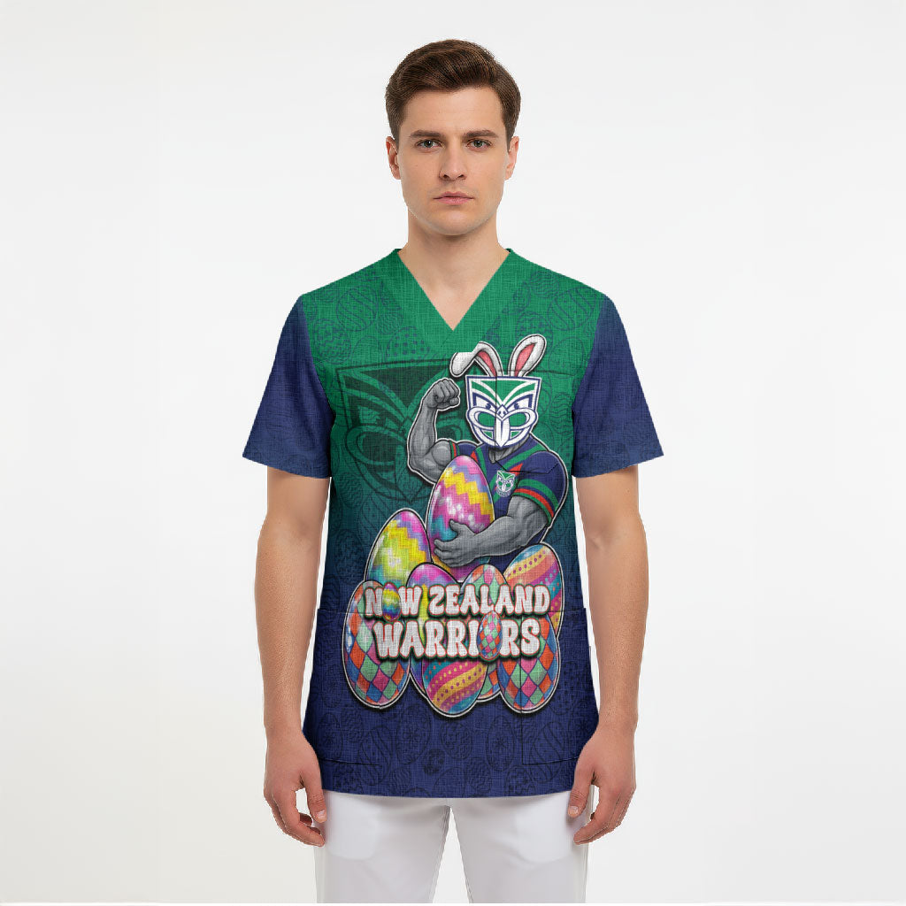Personalized New Zealand Warriors Scrub Top Easter Mascot - Colorful Eggs Cartoon Style