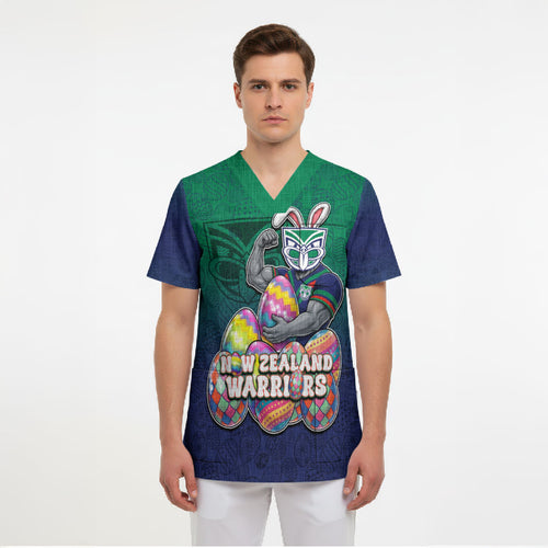 Personalized New Zealand Warriors Scrub Top Easter Mascot - Colorful Eggs Cartoon Style