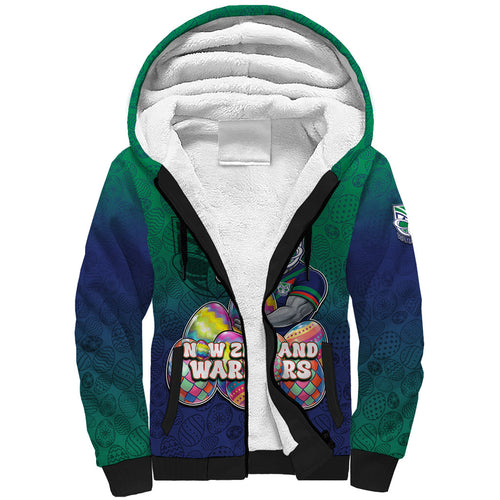 Personalized New Zealand Warriors Sherpa Hoodie Easter Mascot - Colorful Eggs Cartoon Style