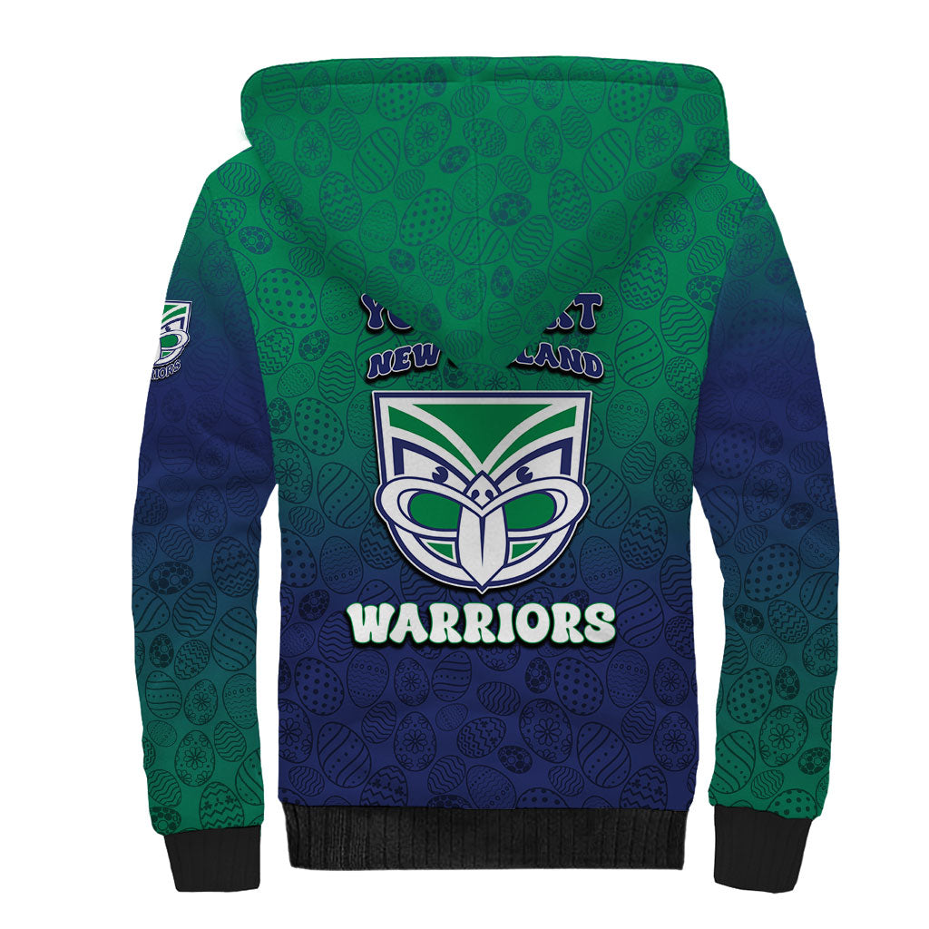 Personalized New Zealand Warriors Sherpa Hoodie Easter Mascot - Colorful Eggs Cartoon Style
