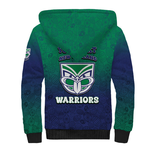 Personalized New Zealand Warriors Sherpa Hoodie Easter Mascot - Colorful Eggs Cartoon Style