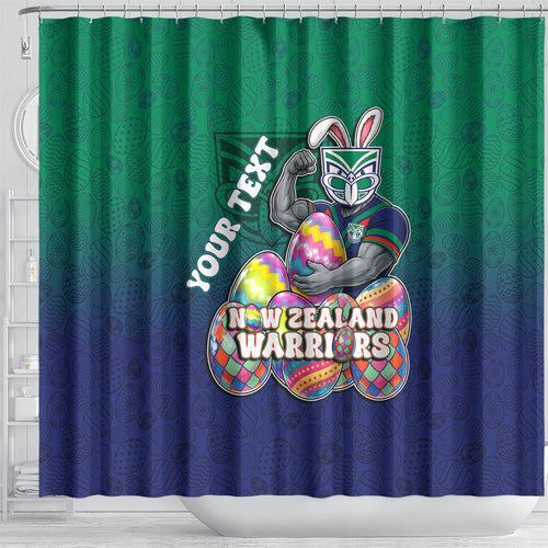 Personalized New Zealand Warriors Shower Curtain Easter Mascot - Colorful Eggs Cartoon Style
