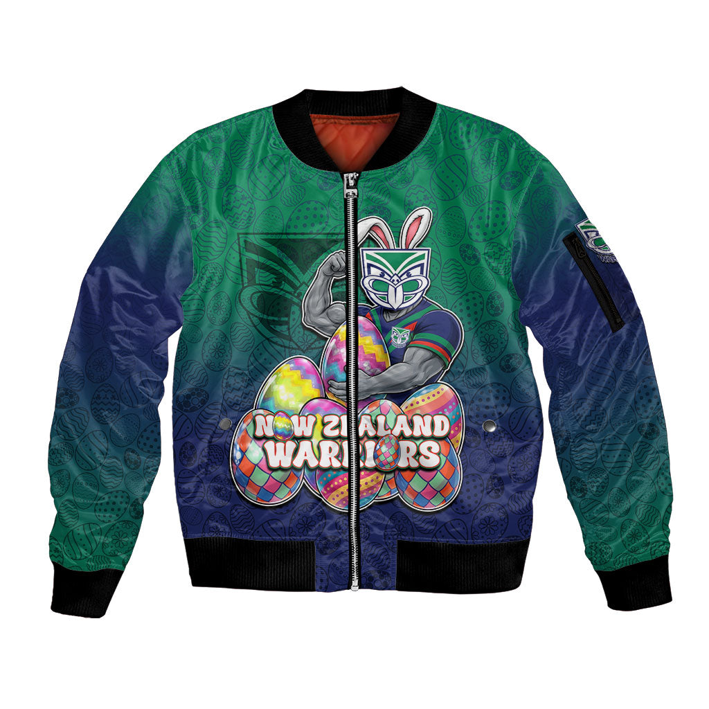 Personalized New Zealand Warriors Sleeve Zip Bomber Jacket Easter Mascot - Colorful Eggs Cartoon Style