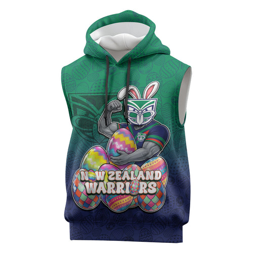 Personalized New Zealand Warriors Sleeveless Hoodie Easter Mascot - Colorful Eggs Cartoon Style