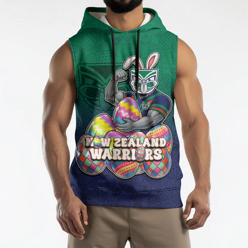 Personalized New Zealand Warriors Sleeveless Hoodie Easter Mascot - Colorful Eggs Cartoon Style