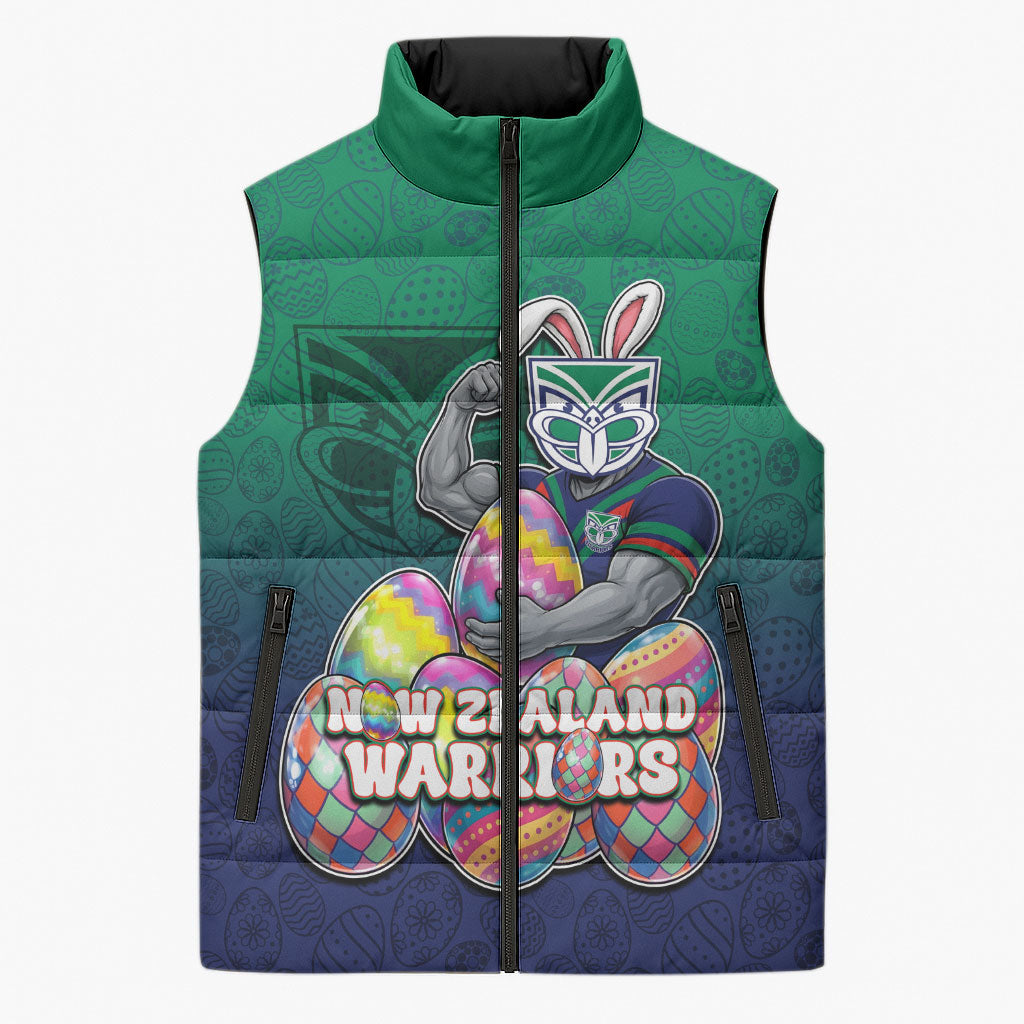 Personalized New Zealand Warriors Sleeveless Puffer Jacket Easter Mascot - Colorful Eggs Cartoon Style