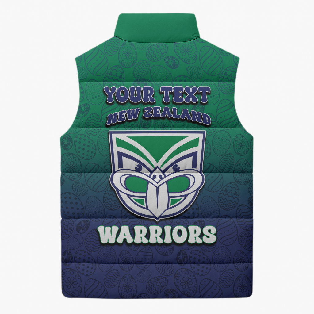 Personalized New Zealand Warriors Sleeveless Puffer Jacket Easter Mascot - Colorful Eggs Cartoon Style