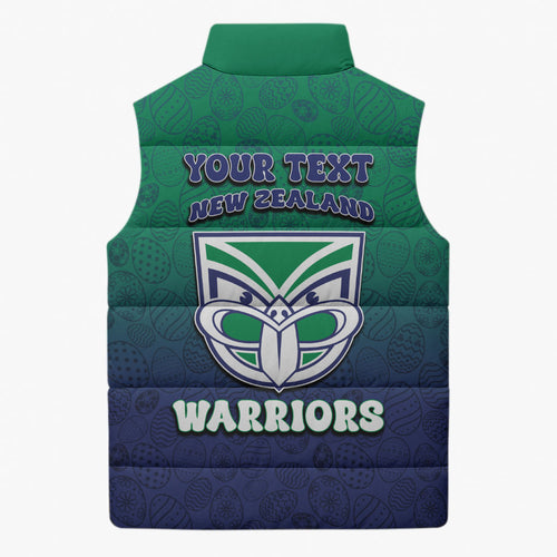 Personalized New Zealand Warriors Sleeveless Puffer Jacket Easter Mascot - Colorful Eggs Cartoon Style