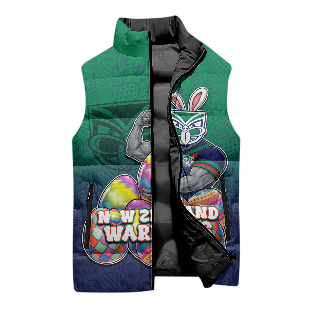 Personalized New Zealand Warriors Sleeveless Puffer Jacket Easter Mascot - Colorful Eggs Cartoon Style