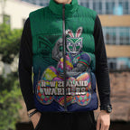 Personalized New Zealand Warriors Sleeveless Puffer Jacket Easter Mascot - Colorful Eggs Cartoon Style