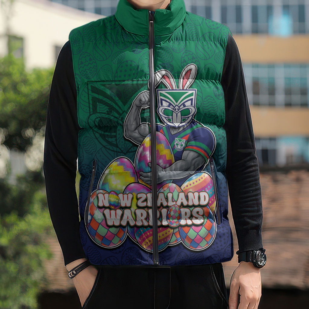 Personalized New Zealand Warriors Sleeveless Puffer Jacket Easter Mascot - Colorful Eggs Cartoon Style