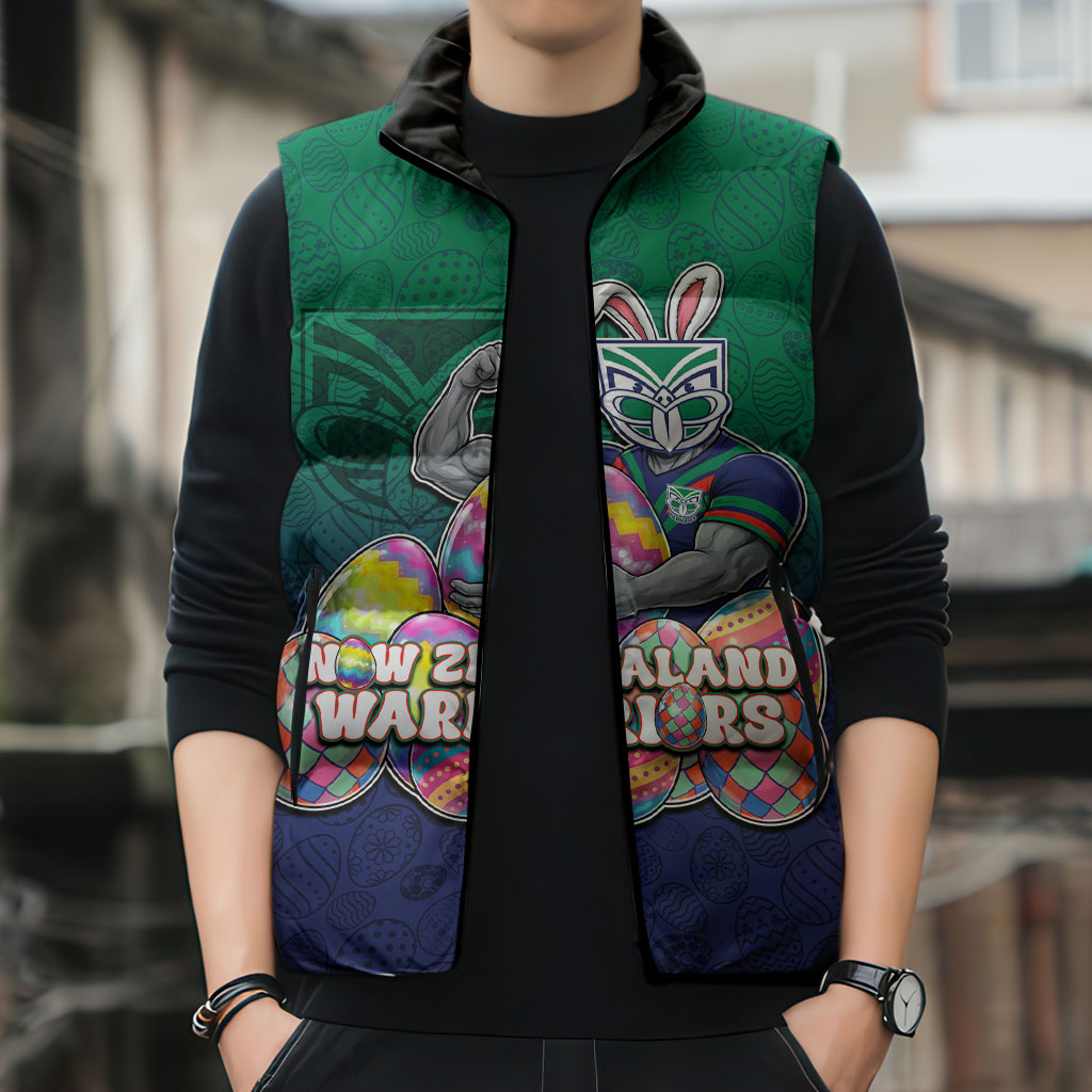 Personalized New Zealand Warriors Sleeveless Puffer Jacket Easter Mascot - Colorful Eggs Cartoon Style