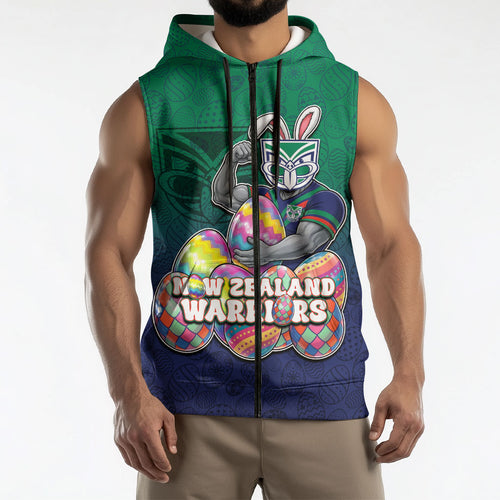 Personalized New Zealand Warriors Sleeveless Zip Hoodie Easter Mascot - Colorful Eggs Cartoon Style