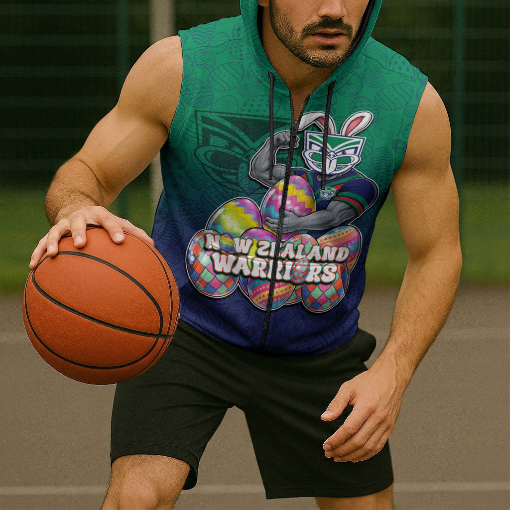 Personalized New Zealand Warriors Sleeveless Zip Hoodie Easter Mascot - Colorful Eggs Cartoon Style