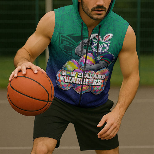 Personalized New Zealand Warriors Sleeveless Zip Hoodie Easter Mascot - Colorful Eggs Cartoon Style