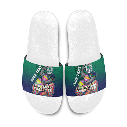 Personalized New Zealand Warriors Slide Sandals Easter Mascot - Colorful Eggs Cartoon Style