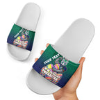 Personalized New Zealand Warriors Slide Sandals Easter Mascot - Colorful Eggs Cartoon Style