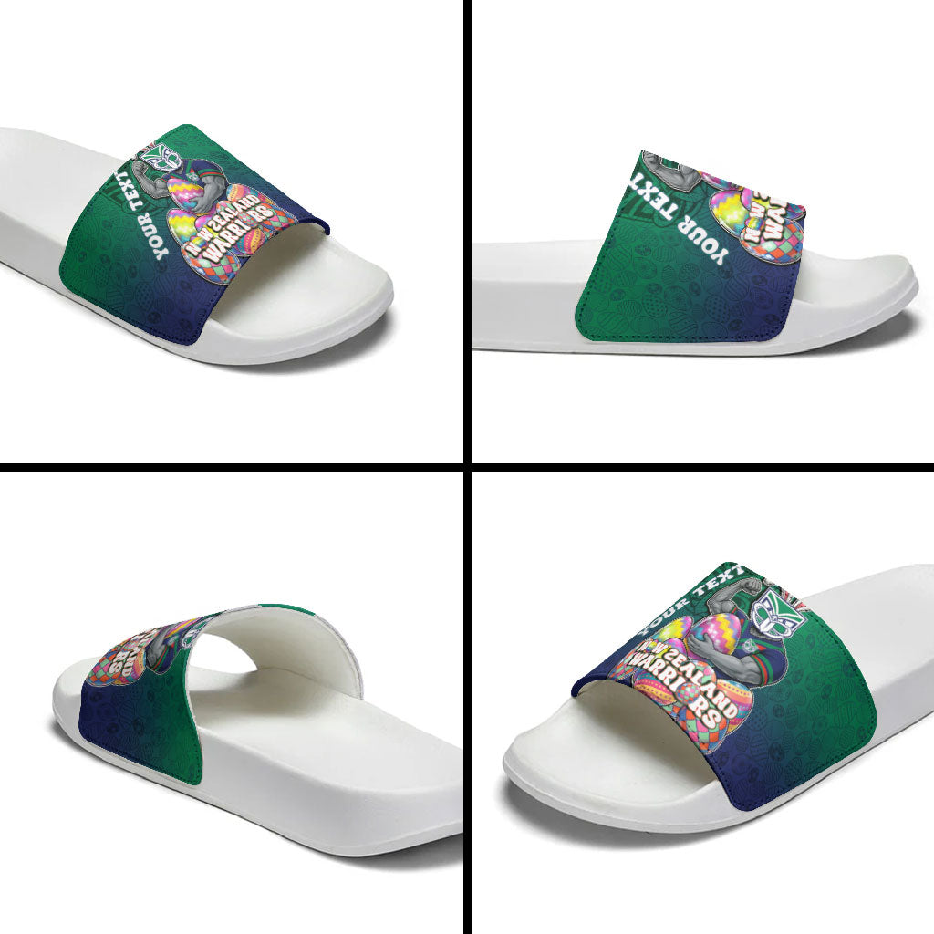 Personalized New Zealand Warriors Slide Sandals Easter Mascot - Colorful Eggs Cartoon Style