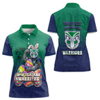 Personalized New Zealand Warriors Women Polo Shirt Easter Mascot - Colorful Eggs Cartoon Style
