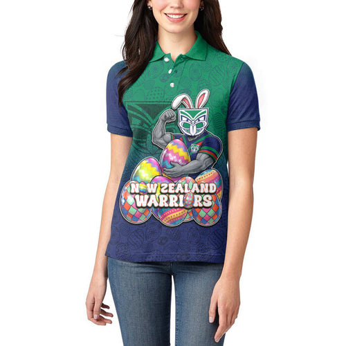 Personalized New Zealand Warriors Women Polo Shirt Easter Mascot - Colorful Eggs Cartoon Style