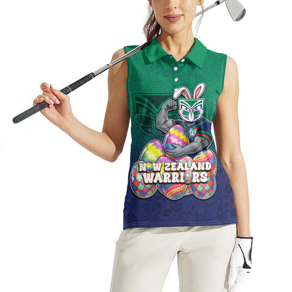 Personalized New Zealand Warriors Women Sleeveless Polo Shirt Easter Mascot - Colorful Eggs Cartoon Style