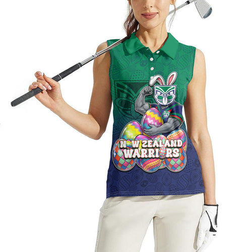 Personalized New Zealand Warriors Women Sleeveless Polo Shirt Easter Mascot - Colorful Eggs Cartoon Style