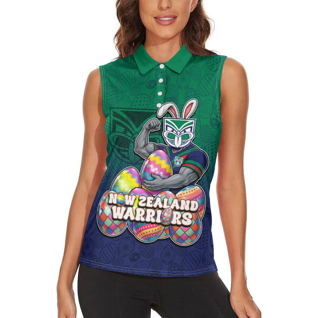 Personalized New Zealand Warriors Women Sleeveless Polo Shirt Easter Mascot - Colorful Eggs Cartoon Style
