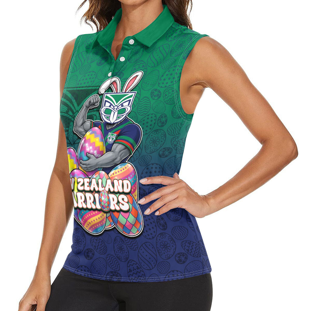 Personalized New Zealand Warriors Women Sleeveless Polo Shirt Easter Mascot - Colorful Eggs Cartoon Style