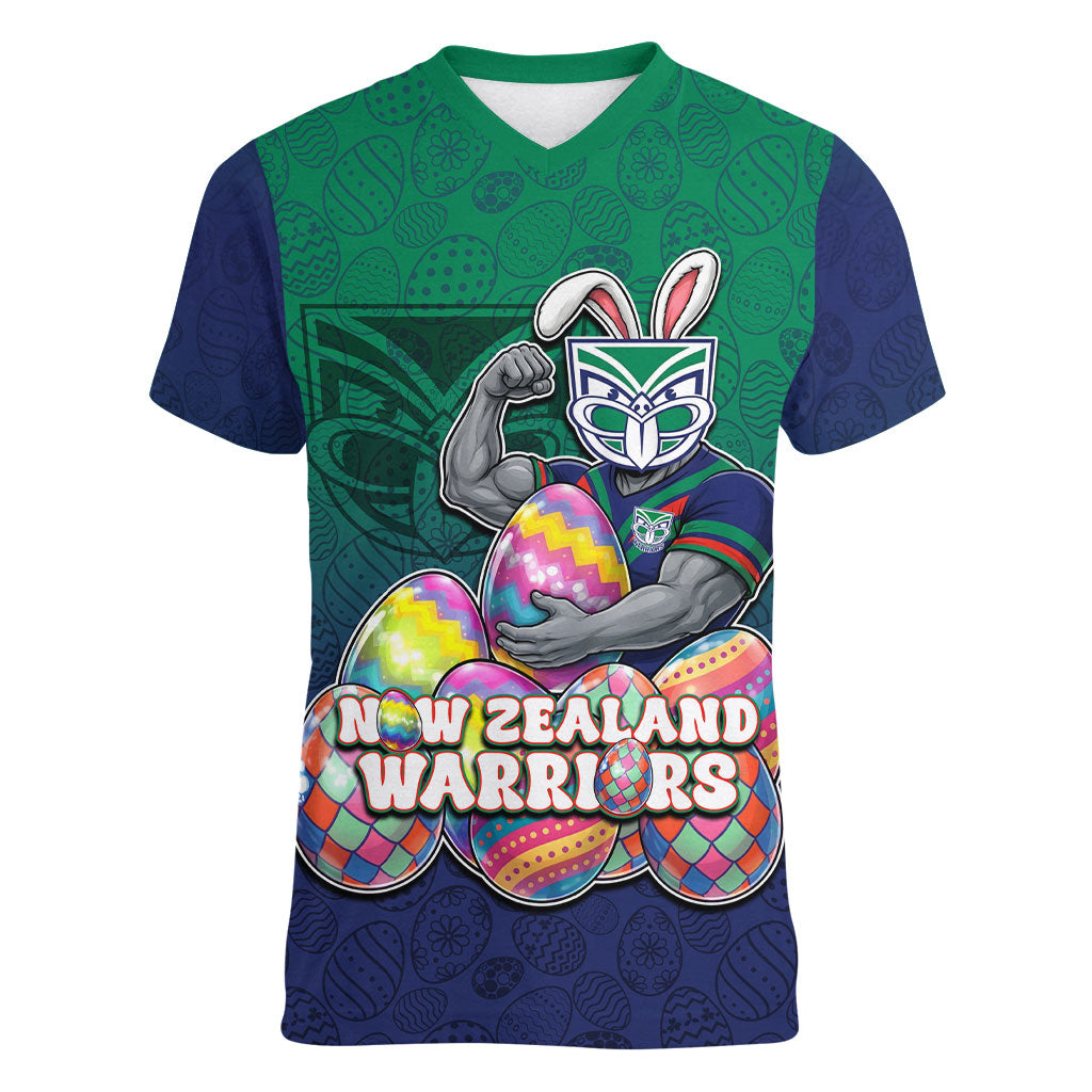 Personalized New Zealand Warriors Women V-Neck T-Shirt Easter Mascot - Colorful Eggs Cartoon Style
