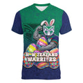 Personalized New Zealand Warriors Women V-Neck T-Shirt Easter Mascot - Colorful Eggs Cartoon Style