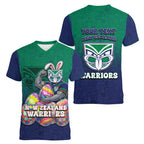 Personalized New Zealand Warriors Women V-Neck T-Shirt Easter Mascot - Colorful Eggs Cartoon Style