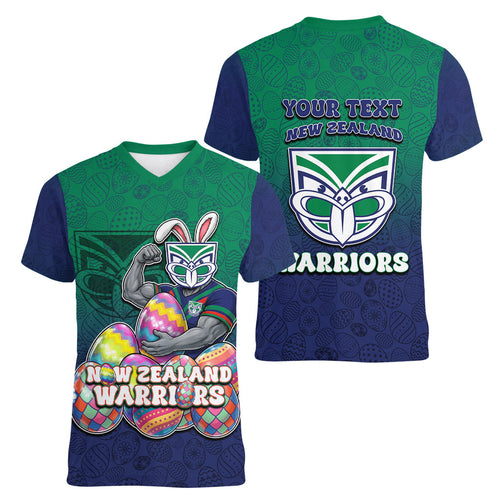 Personalized New Zealand Warriors Women V-Neck T-Shirt Easter Mascot - Colorful Eggs Cartoon Style