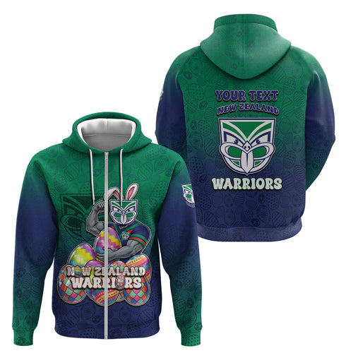Personalized New Zealand Warriors Zip Hoodie Easter Mascot - Colorful Eggs Cartoon Style