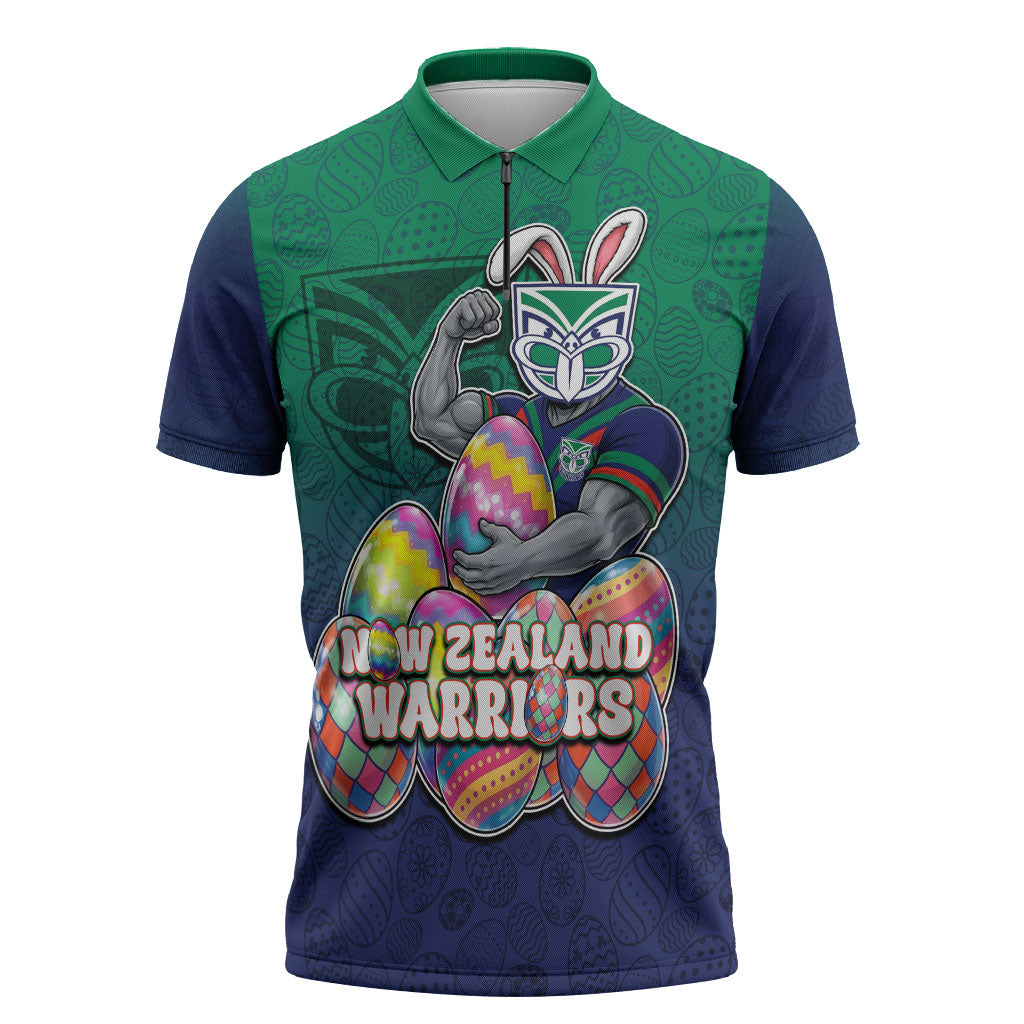 Personalized New Zealand Warriors Zipper Polo Shirt Easter Mascot - Colorful Eggs Cartoon Style