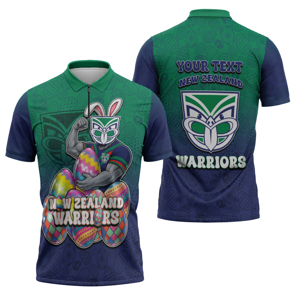 Personalized New Zealand Warriors Zipper Polo Shirt Easter Mascot - Colorful Eggs Cartoon Style