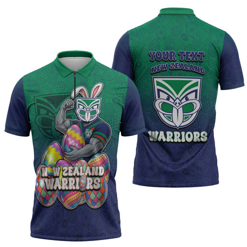Personalized New Zealand Warriors Zipper Polo Shirt Easter Mascot - Colorful Eggs Cartoon Style