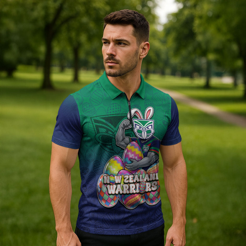Personalized New Zealand Warriors Zipper Polo Shirt Easter Mascot - Colorful Eggs Cartoon Style