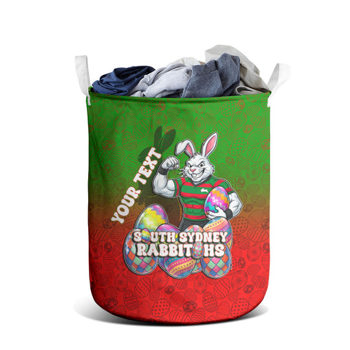 Personalized South Sydney Rabbitohs Laundry Basket Easter Mascot - Colorful Eggs Cartoon Style