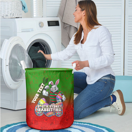 Personalized South Sydney Rabbitohs Laundry Basket Easter Mascot - Colorful Eggs Cartoon Style