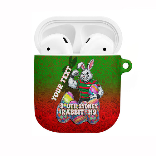 Personalized South Sydney Rabbitohs AirPods Case Easter Mascot - Colorful Eggs Cartoon Style