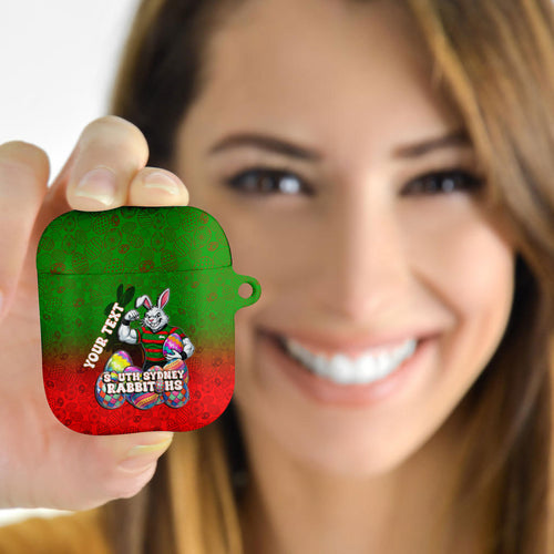Personalized South Sydney Rabbitohs AirPods Case Easter Mascot - Colorful Eggs Cartoon Style