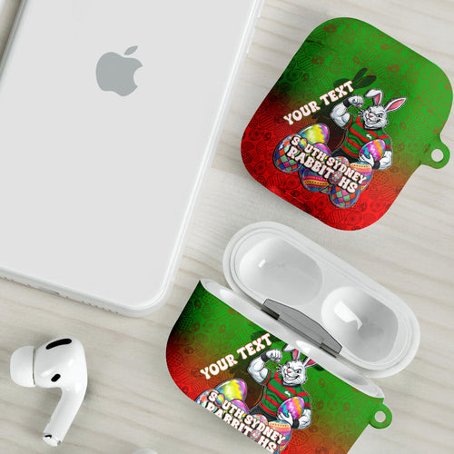 Personalized South Sydney Rabbitohs AirPods Case Easter Mascot - Colorful Eggs Cartoon Style